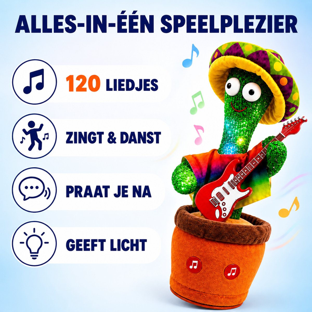 Movela® Dansende Cactus Mexicaan - Talking Cactus 32CM - Oplaadbaar - Pratende Cactus - Interactieve knuffel - Zingende cactus - Met Volumeknop - USB opladen - Baby speelgoed - Inclusief Outfit en Gitaar - 120 Tiktok Liedjes — afbeelding 5