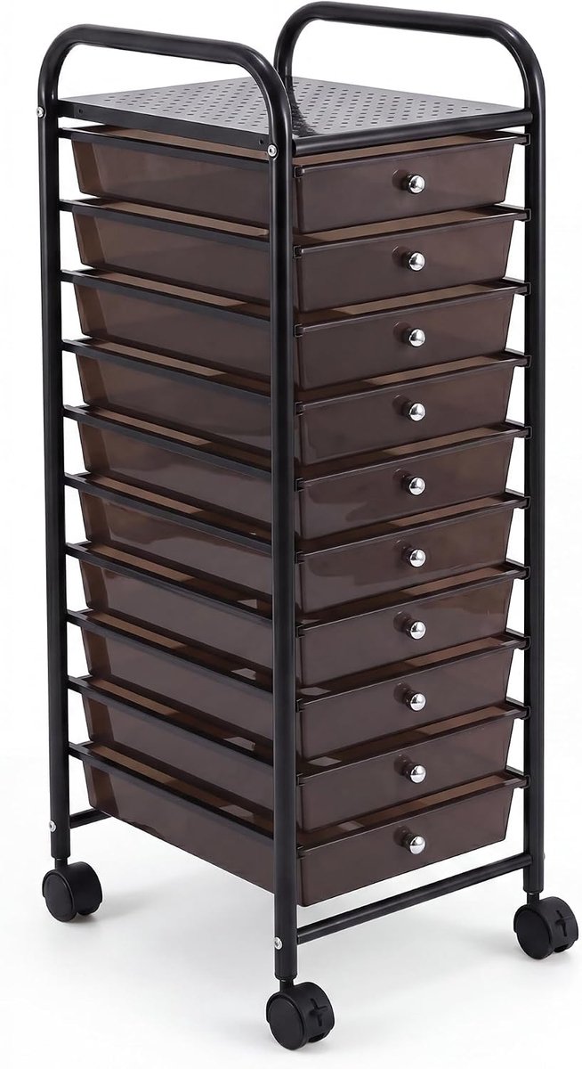 Mobiele Ladekast met 10 Lades – Opbergtrolley op Wielen – Craft Trolley voor Kantoor, Hobby, Make-up en Badkamer – Rolwagen met Metalen Frame & Remmen