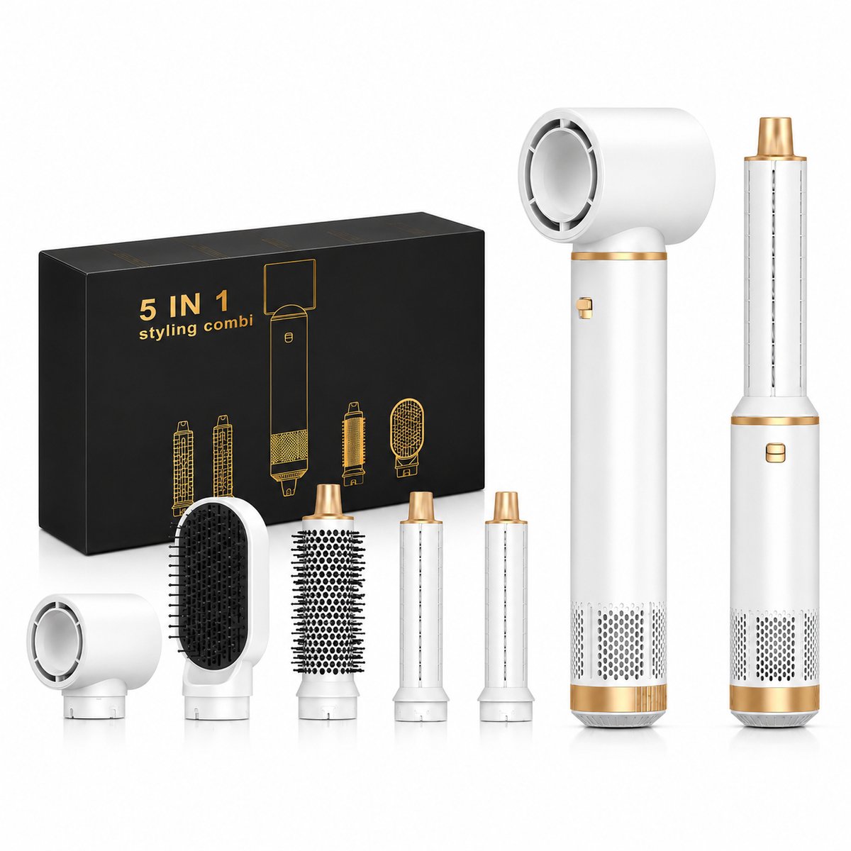 UKLISS Witte multifunctionele 5-in-1 heteluchtstyler – Combineert krultang, stijltang en stylingtechnologie op basis van luchtstroom – Zorgt voor glad haar met veel volume – Inclusief 5 opzetstukken en een opbergetui.