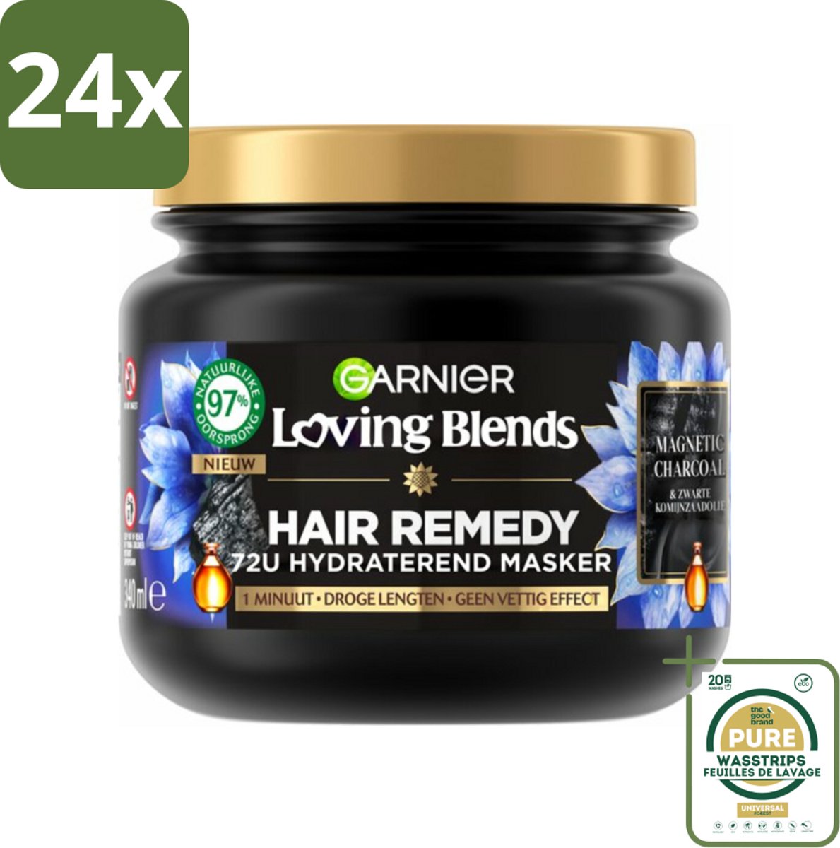 Garnier - Loving Blends Magnetic Charcoal - Haarmasker - Droge Lengtes - 340 ml - Voordeelverpakking - 24 stuks - Haarmasker - Hydraterend masker
