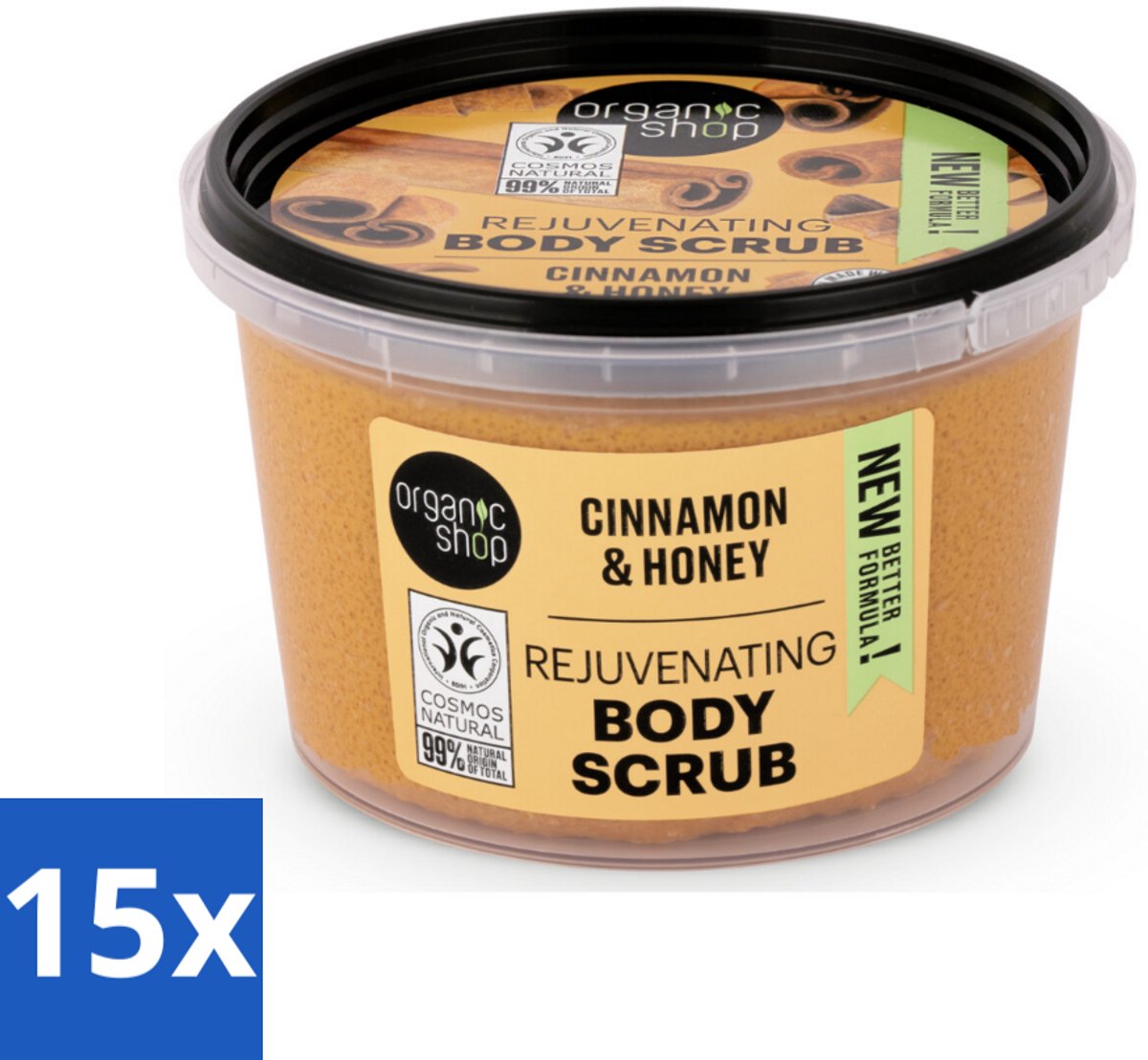 15 x Organic Shop - Rejuvenating Body Scrub Cinnamon - Exfoliërend en Hydraterend - 250 ml - Body Scrub - Exfoliatie - Huidvernieuwing - Kaneel - Honing