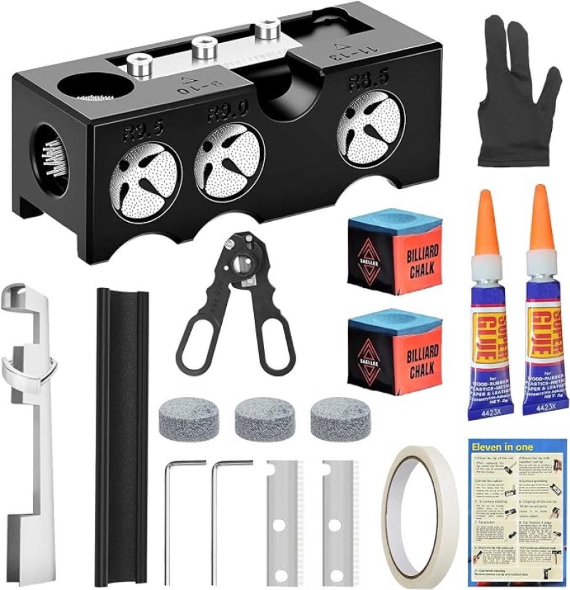 11-in-1 Biljart Cue Tip Reparatie Kit – 11 Stuks Professionele Pool Cue Onderhoudsset met Tips, Vormer, Glue en Accessoires