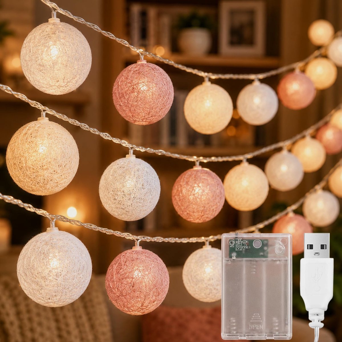 Lichtsnoer 3 m - katoenen ballen - 20 leds - sfeervolle verlichting voor kinderkamer - ShopVlot