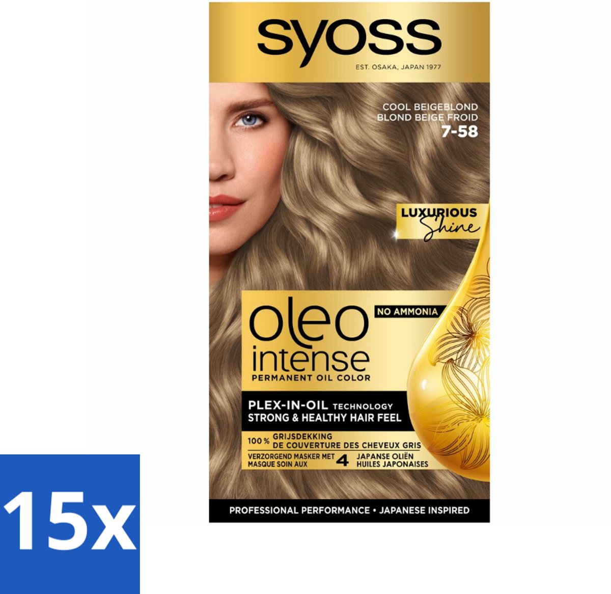 15 x SYOSS - Oleo Intense 7-58 Cool Beige Blond - Haarverf - Zonder Ammoniak - Grijsdekking - Langdurige Kleur - Haarverf - Permanent Haarkleuring - Grijsdekking - Zonder Ammoniak - Olie-formule