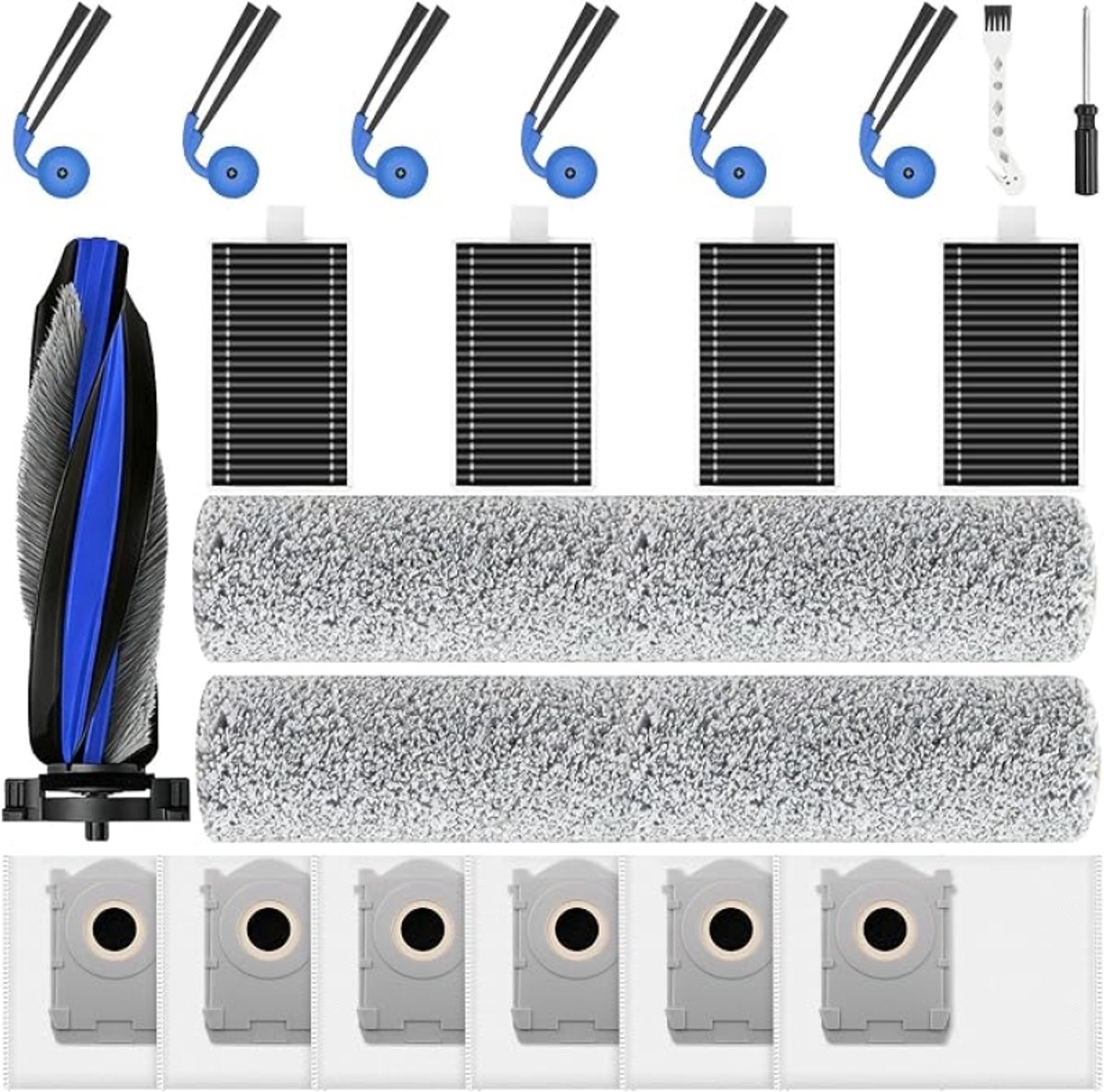 21-delige accessoireset voor Ecovacs Deebot T90 Omni / T90 Pro Omni / X12 Pro Omni robotstofzuiger, 1 hoofdborstel, 6 stofzakken, 2 rolmoppen, 4 filters, 6 zijborstels, 1 reinigingsborstel, 1 schroevendraaier