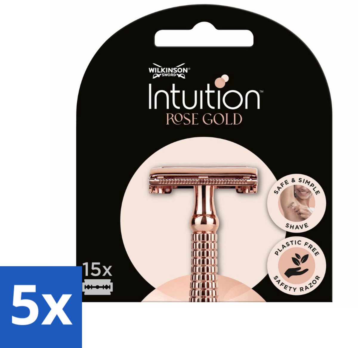 5 x Wilkinson Intuition - Navulmesjes - Rose Gold Safety Razor - Luxe - 15 mesjes - Scheermesjes - Navulmesjes - Veilig Scheermes - Luxe Scheermes - Gevoelige Huid
