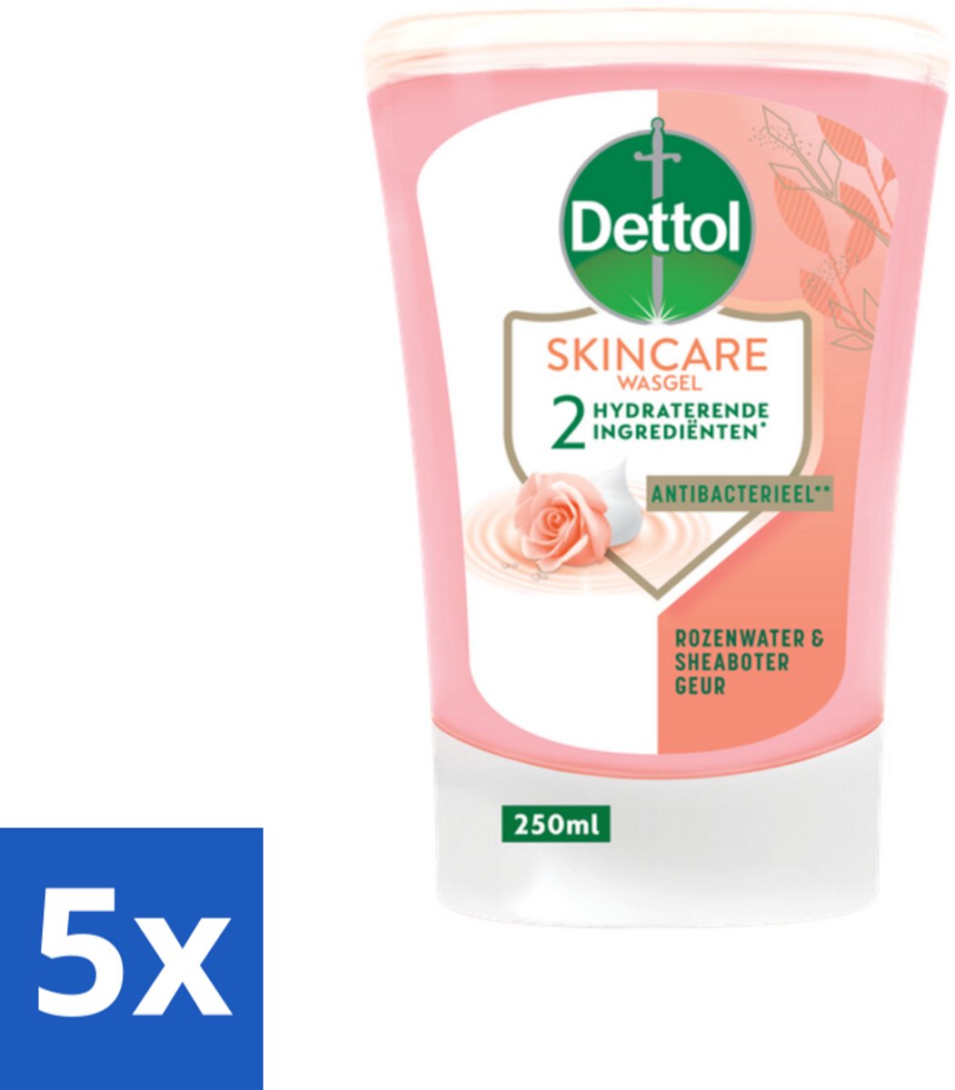 5 x Dettol - Wasgel Navulling - Skincare - Rozenwater & Sheaboter - 250 ml - Handen Wassen - Antibacterieel - Hygiëne - Handzeep - Wasgel