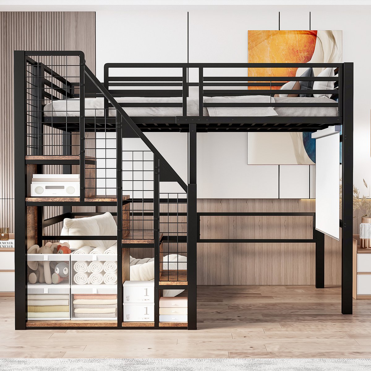 MEUNIQ hoogslaper 90 x 200 cm met geïntegreerde opbergruimte, kledingroede, trap en veilige omranding voor kinderkamer - zwart