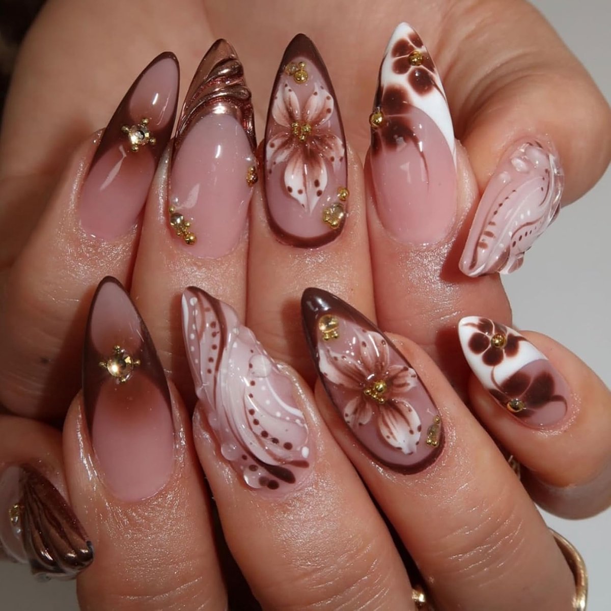 Ceboic 24 Pieces Almond Press on Nails Medium 3D Brown on Nails Gold Beads Ballerina Beads Fake Nail Art Gradient - ShopVlot