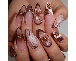 Ceboic 24 Pieces Almond Press on Nails Medium 3D Brown on Nails Gold Beads Ballerina Beads Fake Nail Art Gradient - ShopVlot