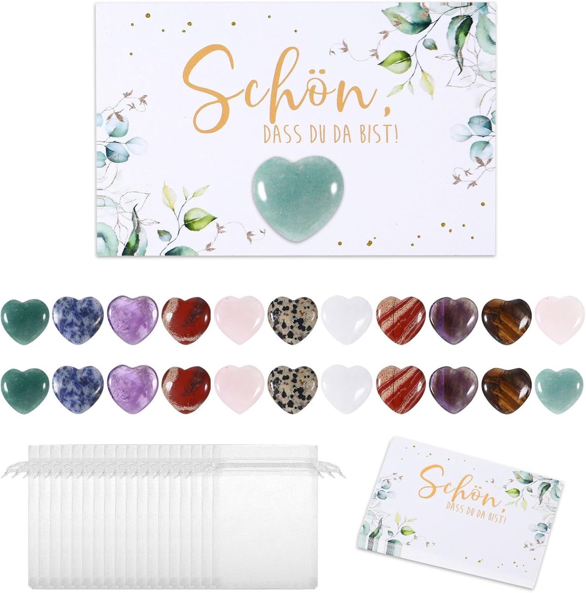Set van 24 gastgeschenken voor bruiloft, hartstenen, decoratie met "Schön, dass du da bist" kaart en organzazakje - ShopVlot