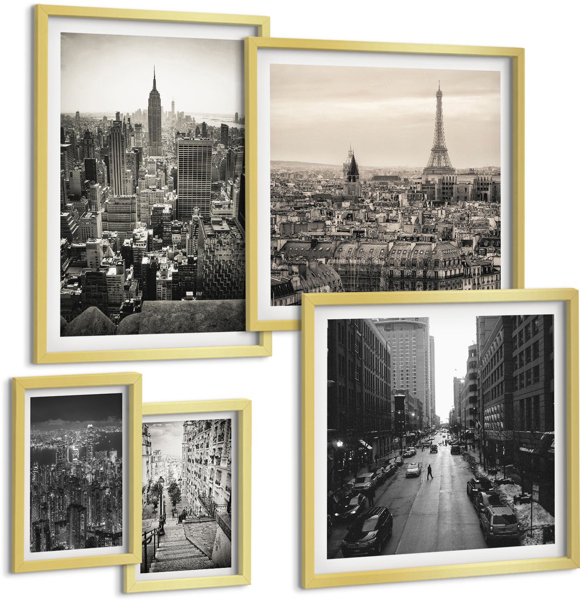 TULUP 5-Delige Schilderij Set - Stadspanorama's van iconische hoofdsteden in Europa en de VS - 50 x 50 cm, 20 x 30 cm en 40 x 60 cm - Muurdecoratie - Wanddecoratie - Slaapkamer Gouden lijst