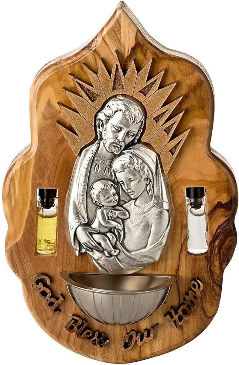 MaMeMi WHEWATER KESSEL of olive wood 10,5 x 16 cm with plate Jesus FAMILY, "God bless our Home", with Jordan water & - ShopVlot