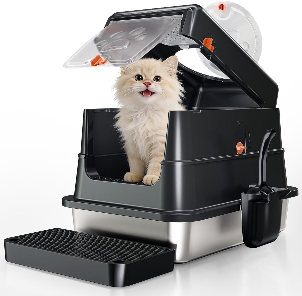 Famanu – Roestvrijstalen kattenbak, afgesloten kattenbak met deksel, metalen kattenbak met hoge zijkanten, lekkagebestendig en eenvoudig schoon te maken, klein, zwart