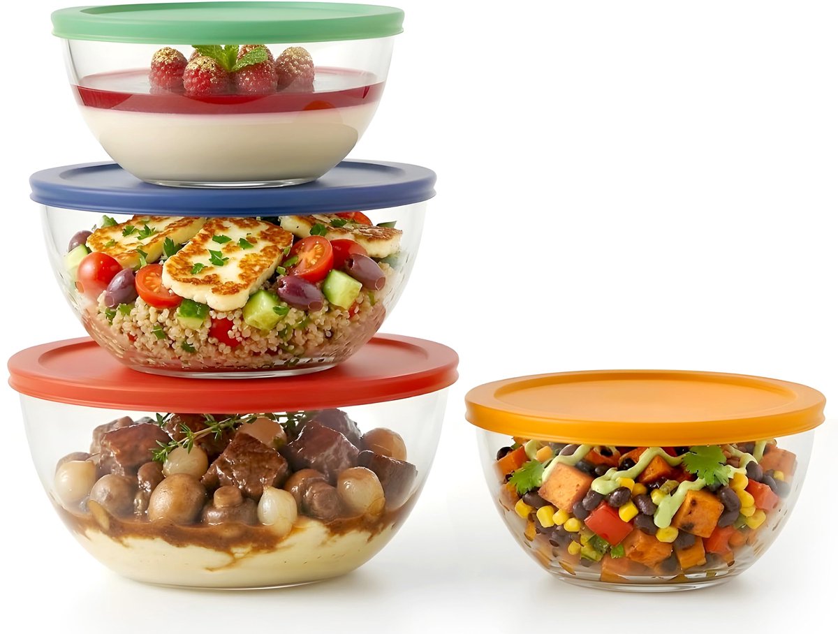 Famanu – Set van 4 glazen mengkommen met deksels, premium borosilicaatglas, niet-toxische kommen voor mengen, bakken, serveren en opslag, 0,95L-3,5L