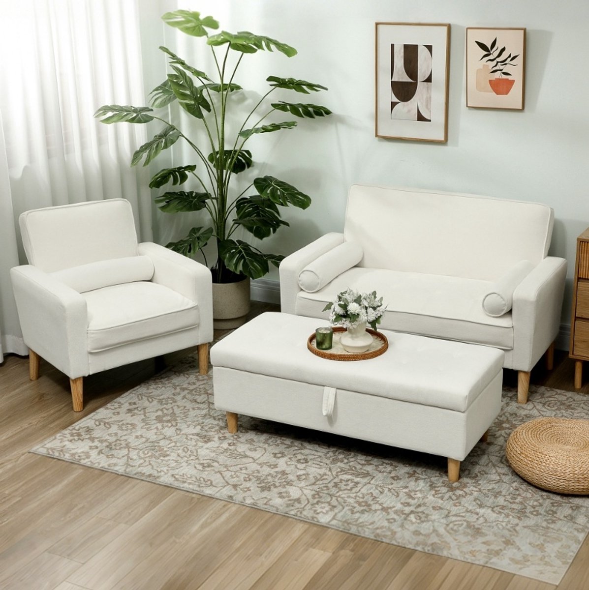 MODENUIT Bank 2-Zits - Met Tufting En Houten Poten - Voor Woonkamer En Slaapkamer - Polyester - Crèmewit