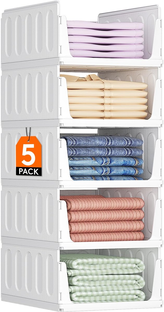 Famanu – Stapelbare kast organizer, kunststof opbergdozen voor kledingkast, keuken en badkamer, set van 5, wit
