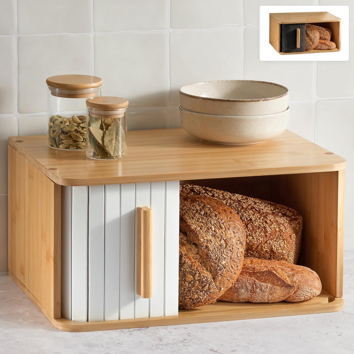 Famanu – Broodtrommel van hout met schuifdeur, 40 x 28 cm, ruimtebesparend en stijlvol, voor langere frisheid, wit