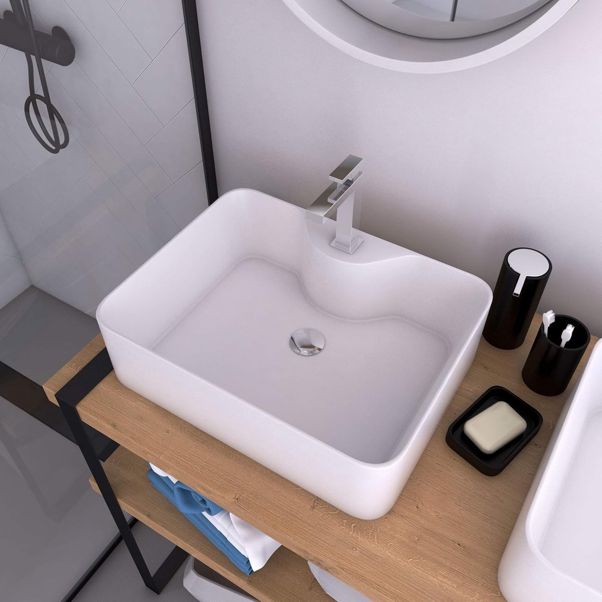 Wasteil vierkant - Wit - 48 x 37 x 13,5 cm - Keramische Opzetwastafel - Voor Badkamer