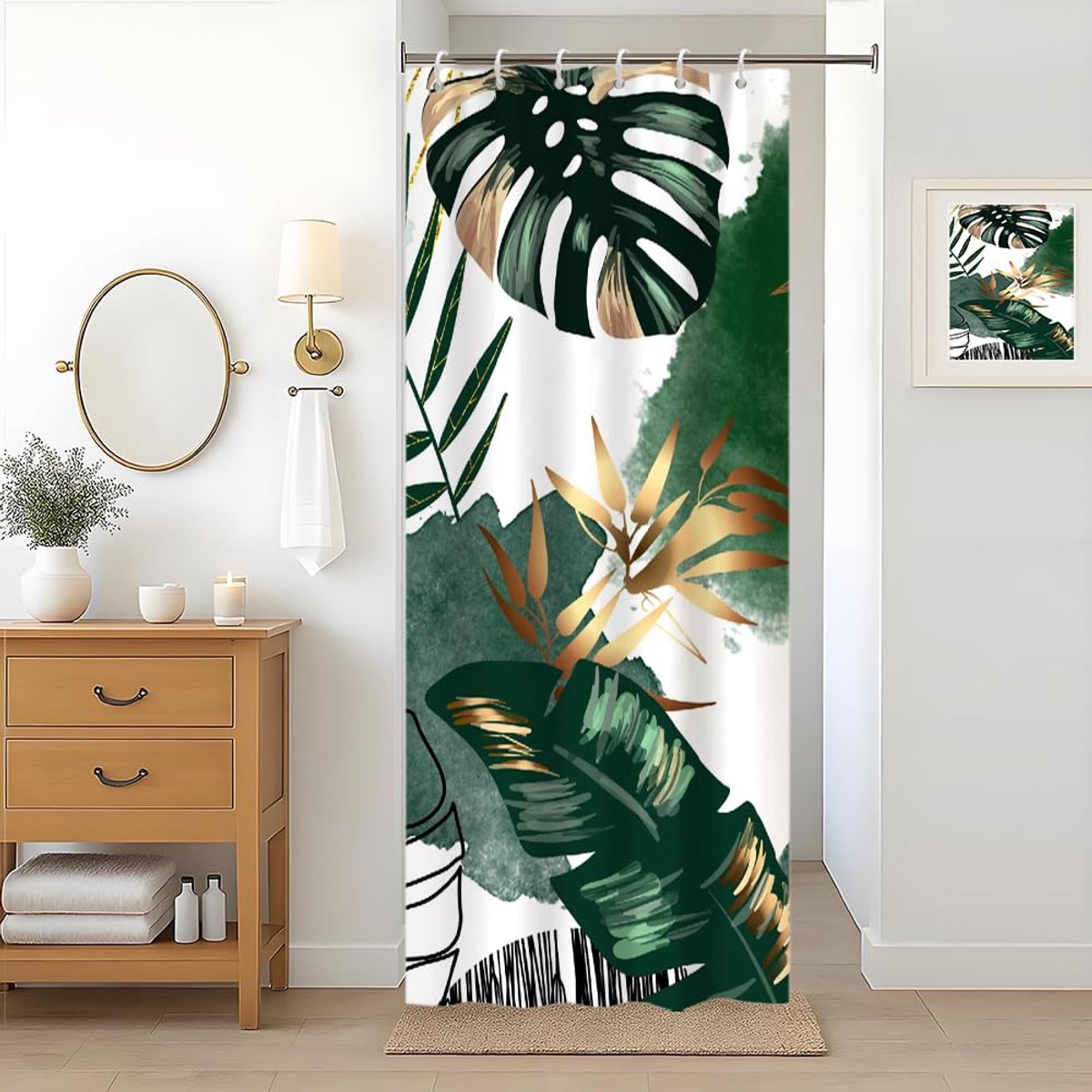 Douchegordijn 90 x 180 cm - boho-stijl, groen en goud - palmbladeren, waterdicht - anti-schimmel, wasbaar - ShopVlot
