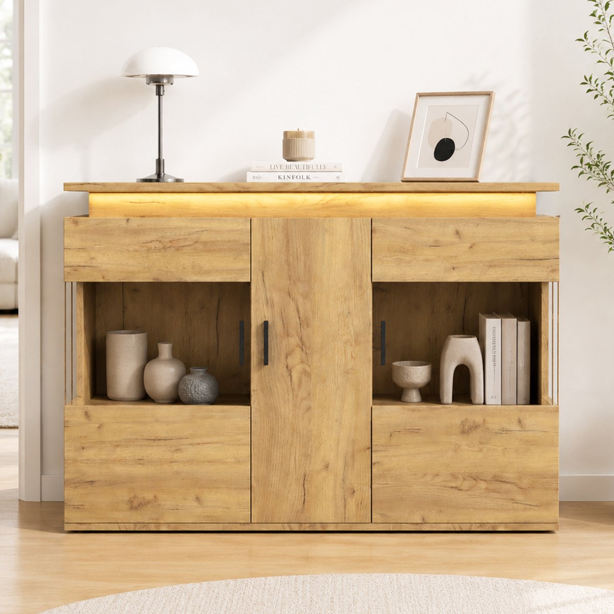 MIVRAY Dressoir - LED Verlichting Met USB C En Stopcontact - Moderne Opbergkast Voor Woonkamer Eetkamer En Keuken - Light Oak - 120 Cm