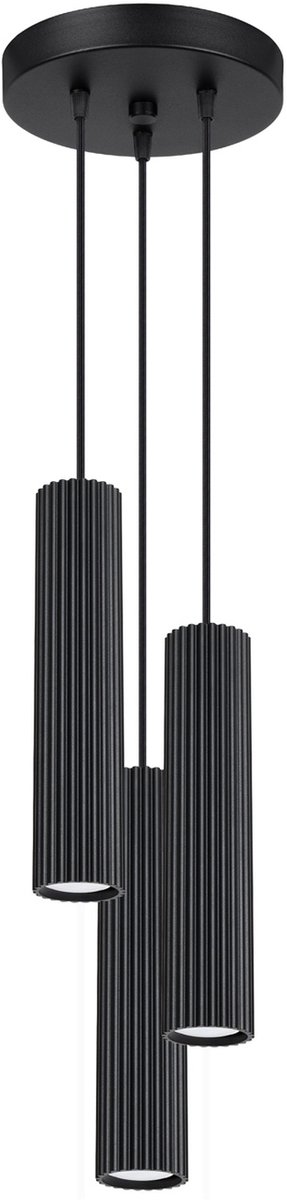 Hanglamp KARBON 3P met 3 geribbelde buiskappen op ronde rozet - Sollux Lighting - IP20 - Zwart aluminium behuizing - 19.5 x 19.5 x 108 cm - 3 x GU10 LED, exclusief lichtbron - 3 x 10 W - Minimalistische hanglamp voor hal, kinderkamer en woonkamer