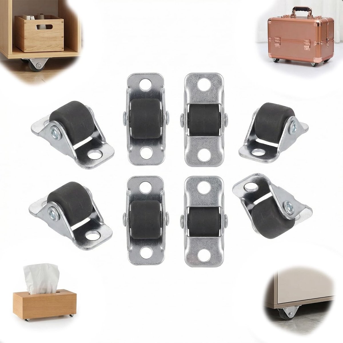 Set van 8 Kleine Wieltjes voor Meubels - Zwart - 0,5 inch - Rubber met Stalen Bovenplaat - Voor Bedden en Bureaustoelen