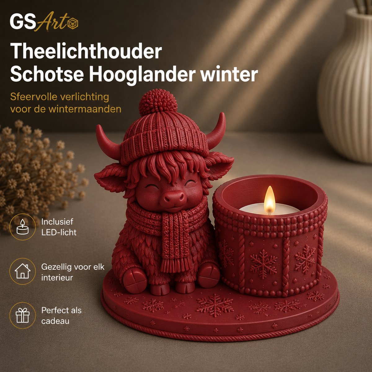 GSArt Theelichthouder Schotse Hooglander Winter – inclusief LED-kaarsje - Mat Donkerrood