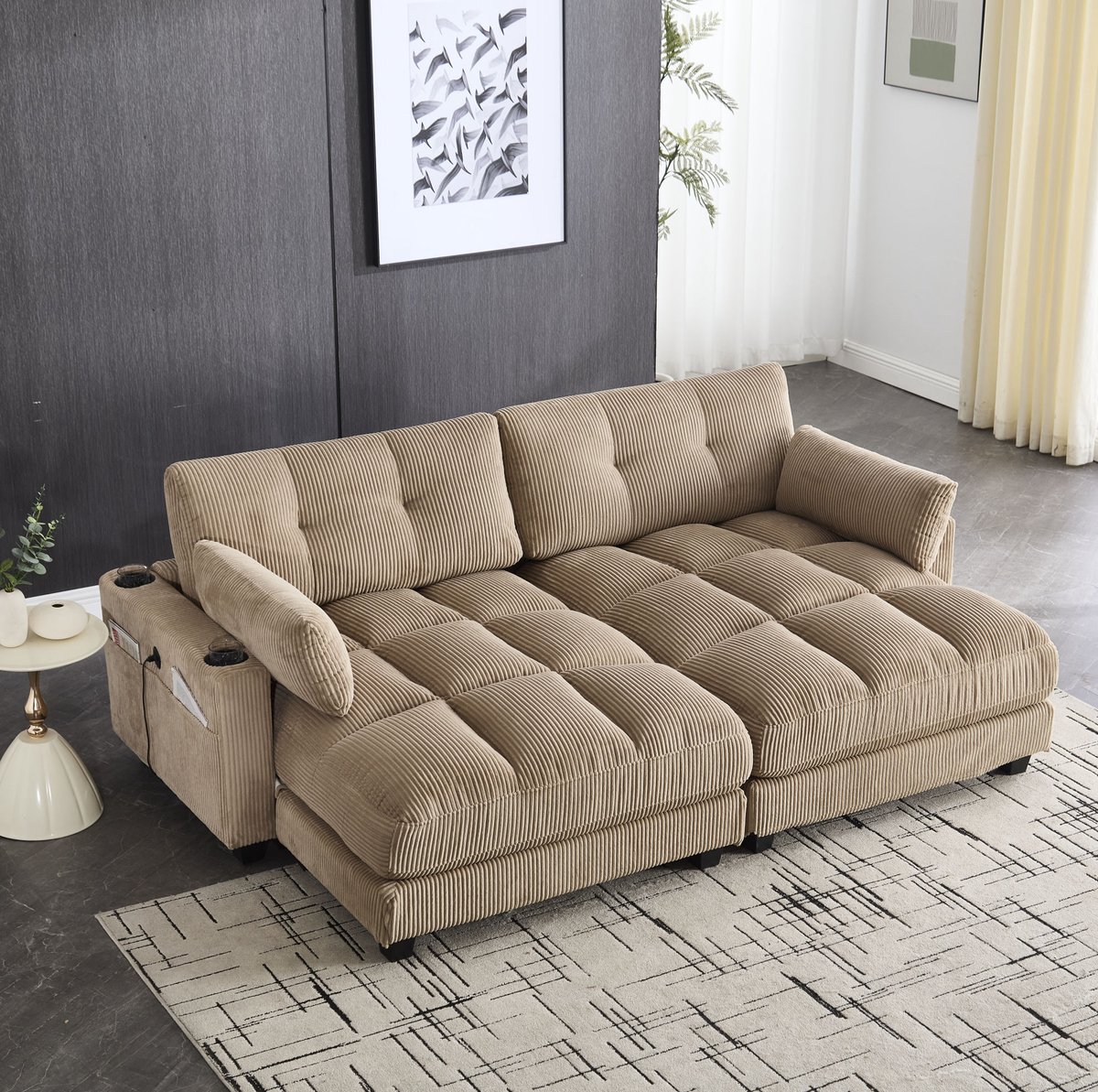 DESMIU Bank - 2-Zits Modulaire Zitbank - Uitsplitsbaar In 2 Enkele Stoelen Met 2 Kussens, 4 Bekerhouders, 4 Zijvakken En USB-Oplaadpoorten - Voor Woonkamer, Slaapkamer En Werkkamer - Corduroy Khaki