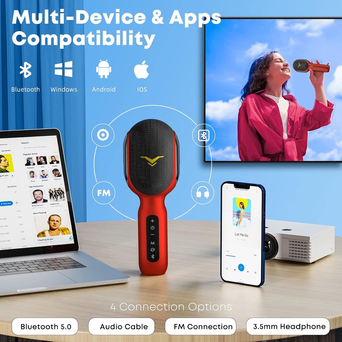 Karaokemicrofoon, draadloze bluetooth-microfoon, draagbaar, led, voor kinderen, met muziekopname en begeleidingsmodus - ShopVlot