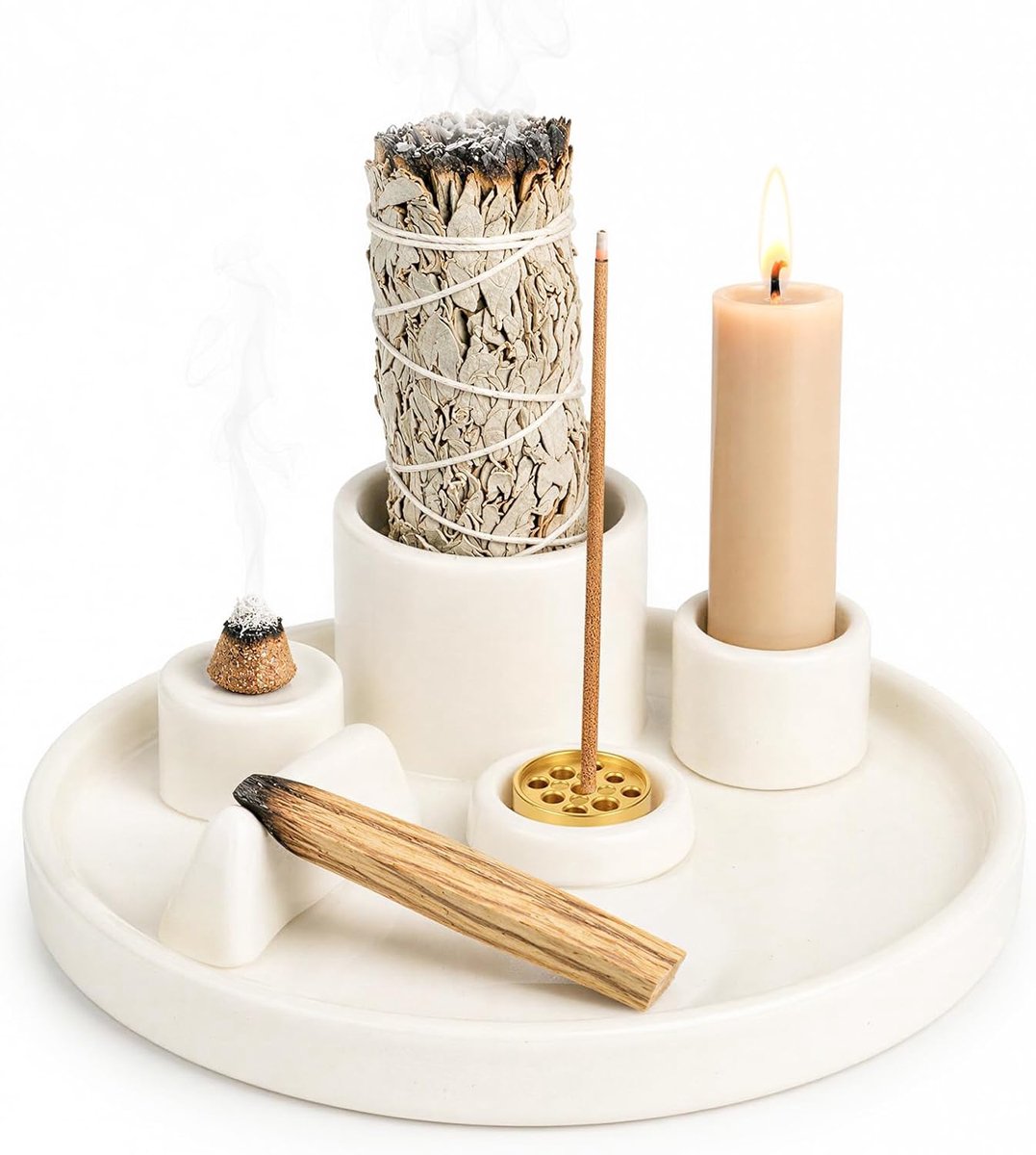 5-in-1 wierookhouder met asschaal, keramische wierookstokjeshouder, wierookschaal voor Palo Santo, salie, wierook en - ShopVlot