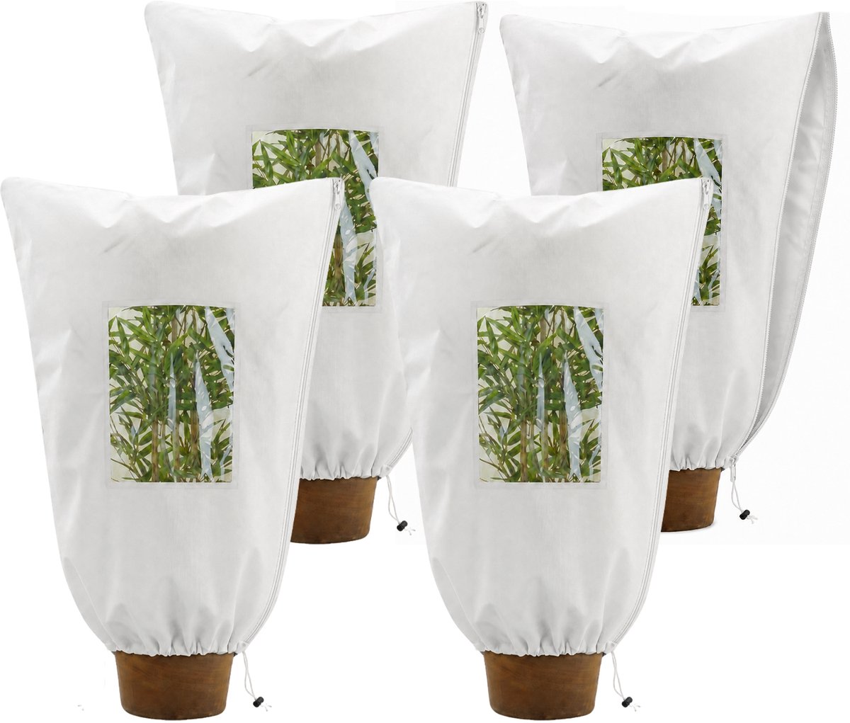Plantenbeschermhoezen Winter – Winterhoes voor Planten met Kijkvenster, Ritssluiting & Aantrekkoord – Tegen Vorst, Sneeuw & Koude Wind – PP Non-woven – Wit – 100 x 120 cm – 4 Stuks