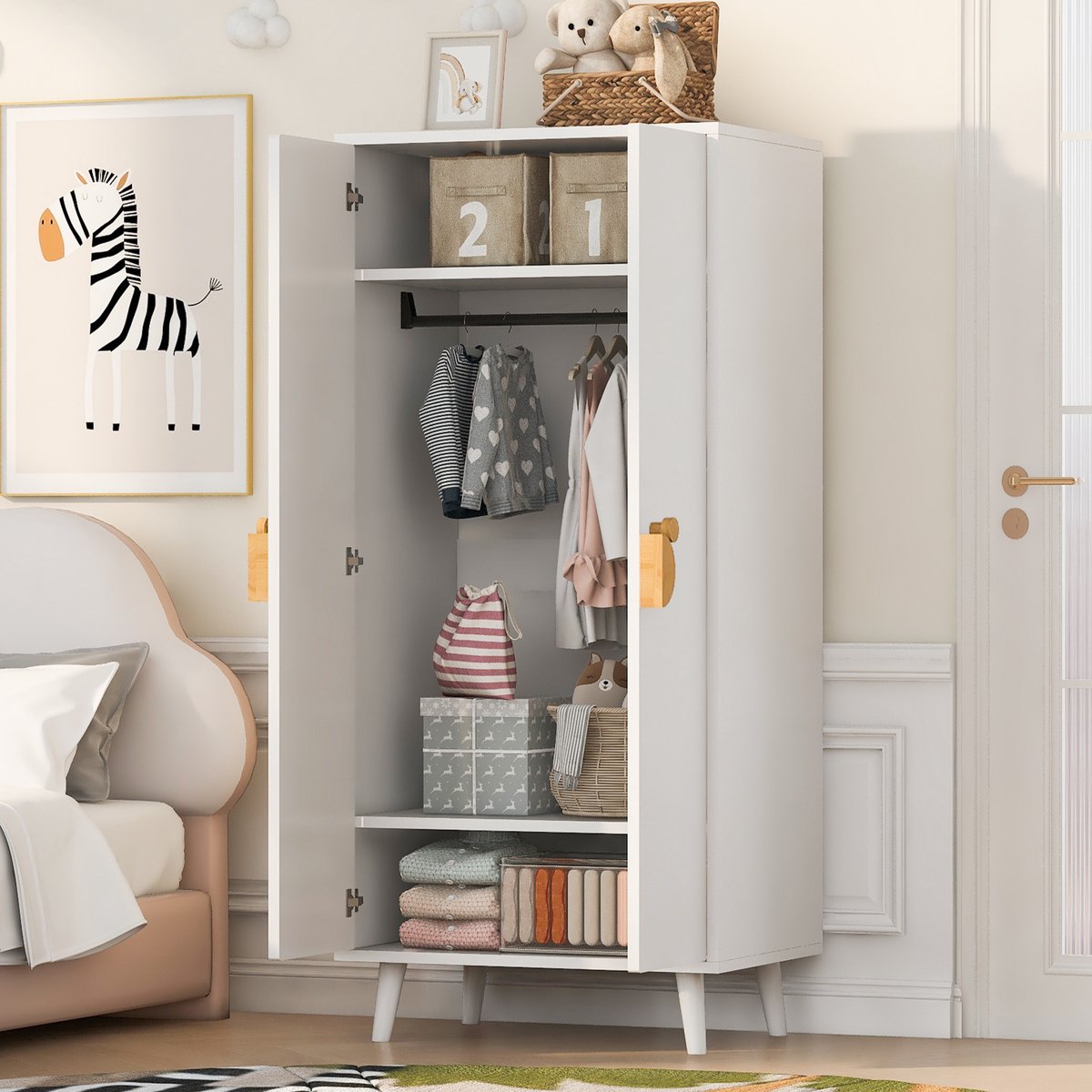 MIVRAY Kledingkast - Dubbele Deuren Met Hanggedeelte En Legplanken - Voor Slaapkamer En Kinderkamer - MDF - Wit - 70 X 55 X 170 Cm