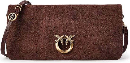 Bruine suède clutch met gouden vogelgesp en afneembare schouderband