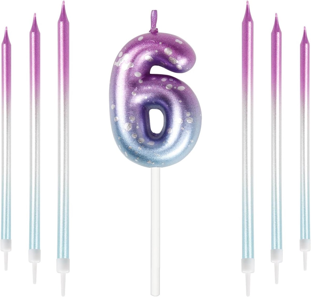 Mciskin Birthday candles for 6th birthday, colourful long candles and number 6 for cake, decoration, purple and blue - ShopVlot