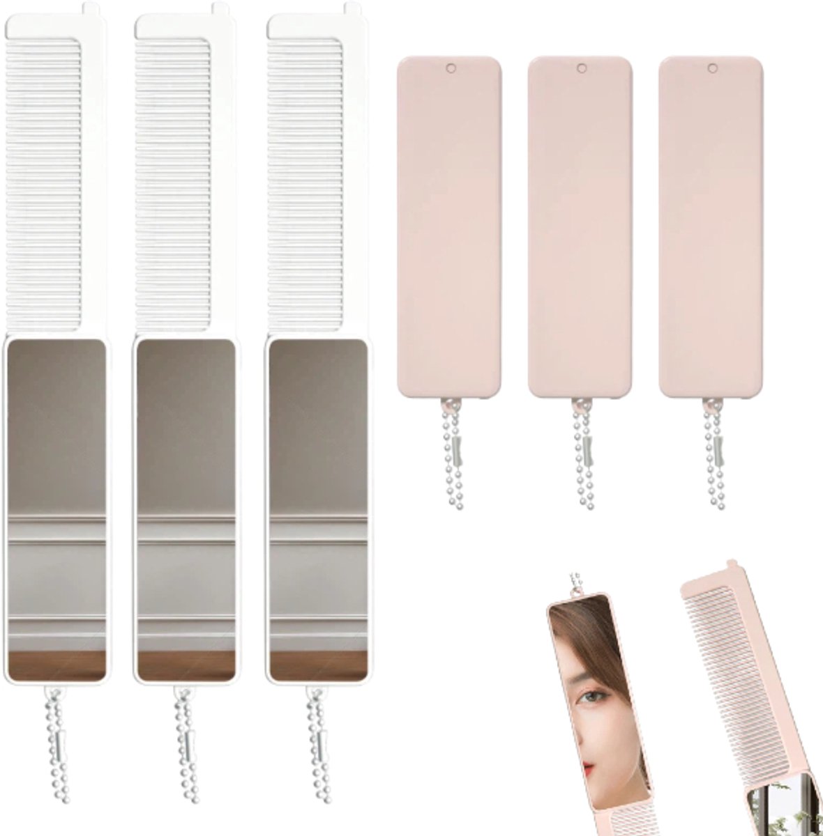 6 stuks - mini-spiegelkam - Make-upkam met opvouwbare spiegel uit één stuk - Draagbare kleine spiegel - 96*30*10 mm - Wit, kersenbloesemroze - Geschikt voor woon-werkverkeer, zakelijke bijeenkomsten, vakanties, dates of om in de auto te bew