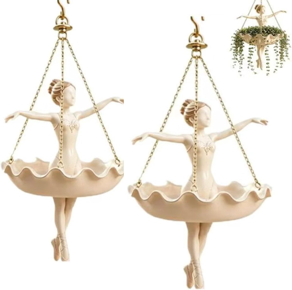 KZQ 2-delige hangende plantenbak in balletdanser vorm - Weerbestendig hars met afneembare ketting - Lichtgewicht en roestvrij voor binnen en buiten - Geschikt voor vetplanten kruiden en kunstplanten - Wit