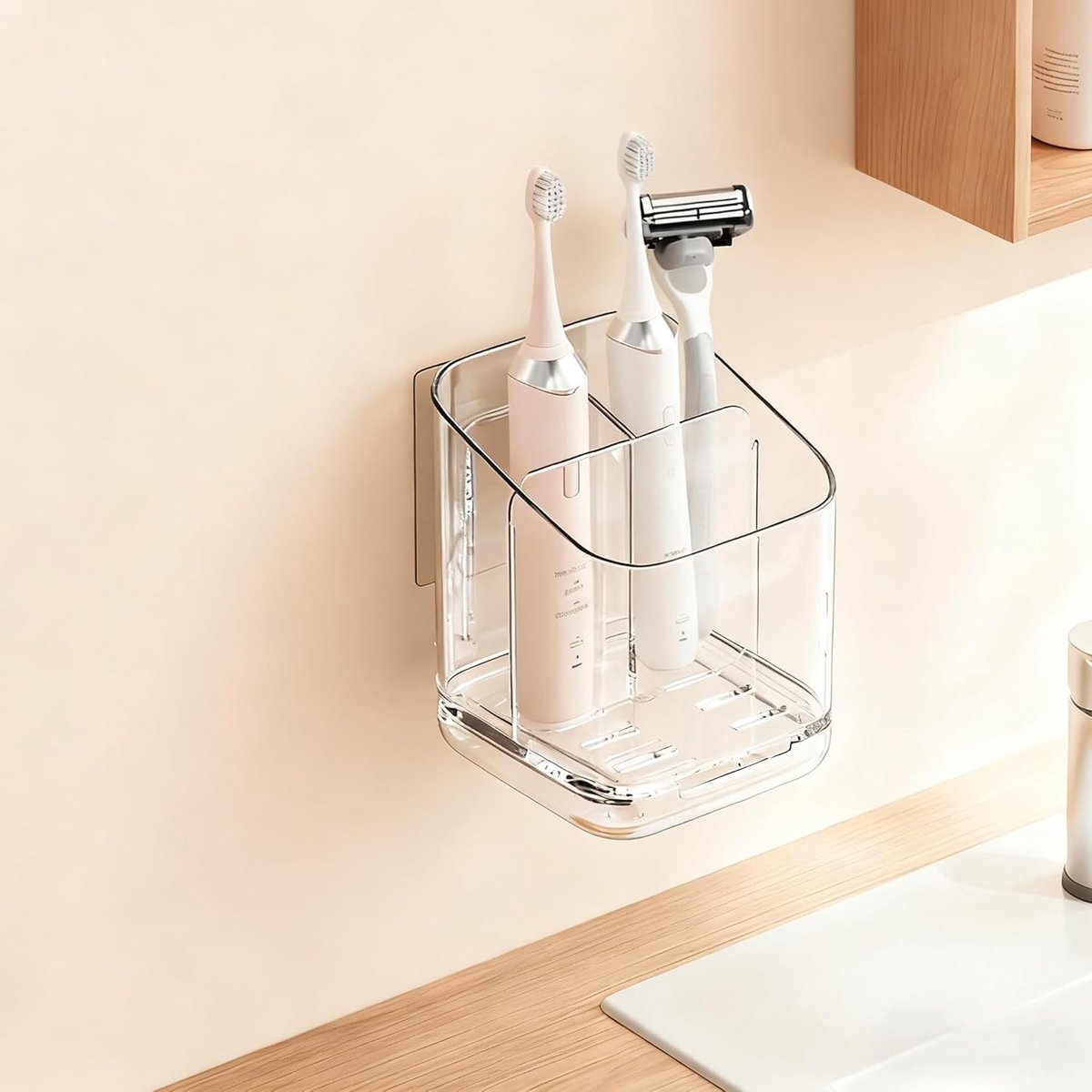 Muursteun voor Afneembare Tandenborstel en Tandpasta met Scheidingsvak voor Badkamer, Antisliphouder voor Elektrische Tandenborstel met Afvoer, Badkameraccessoire