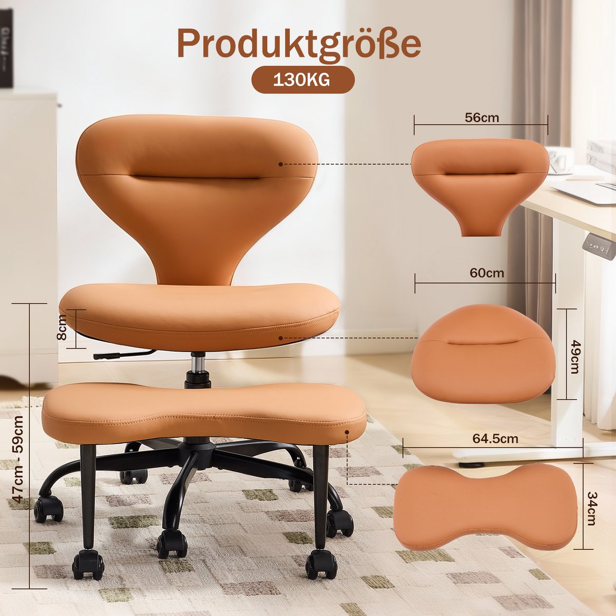 FloraGrace Bureaustoel – 360° Draaibaar En In Hoogte Verstelbaar – Zonder Armleuningen – Voor Thuiswerk, Yoga En Meditatie – Kunstleer – Oranje thumbnail 6