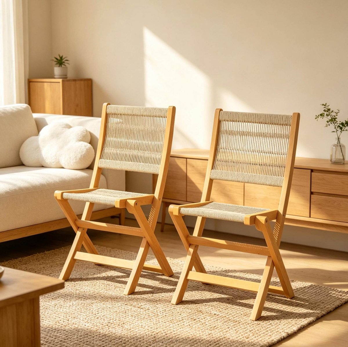 FloraGrace Inklapstoel - Set van 2 - Opvouwbaar en Ruimtebesparend - Voor Tuin, Terras, Veranda en Woonkamer - Hout en Polypropyleen - Beige en Naturel