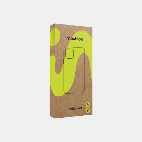 Een kartonnen verpakking voor een oranje telefoonhoes met het merk 'imoshion'.