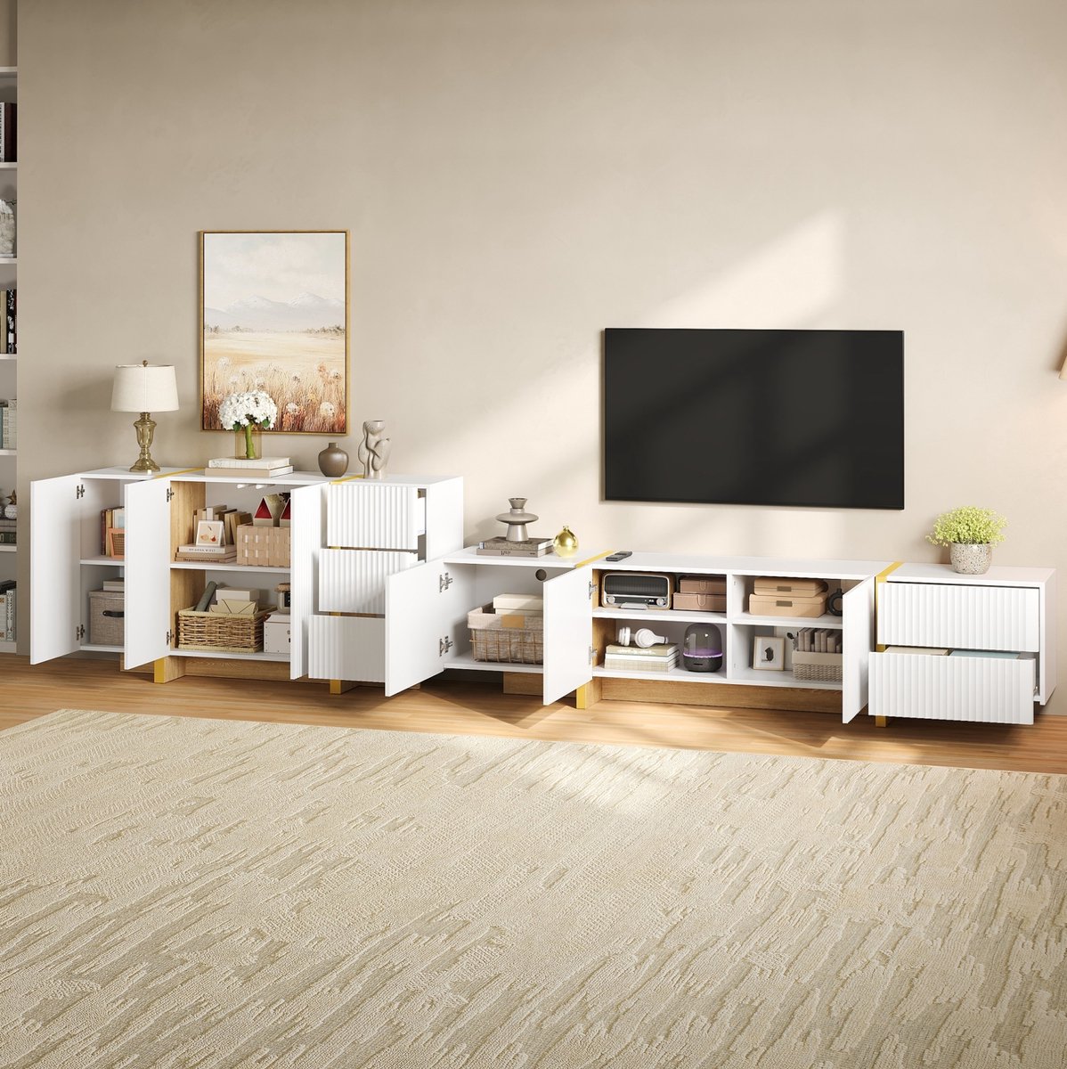 MIVRAY Tv Meubel En Dressoir Set Met Rillenfront En Greeploos Design Voor Woonkamer In Wit Mdf En Spaanplaat 190x35x75 Cm