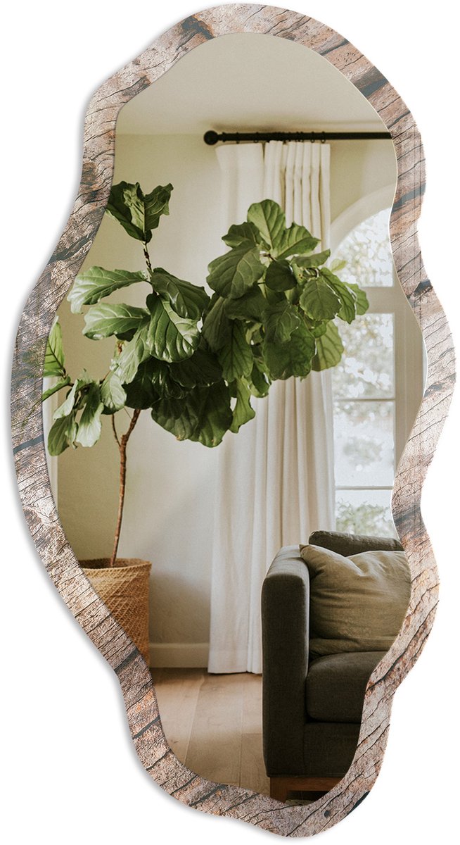 TULUP Natuurlijke Textuur Spiegel - Bruin Rechthoekige Spiegel Met Modern Design - Organische Spiegel - Woonkamer - Rustiek - 45x90 cm - Totale afmeting 52x97 cm