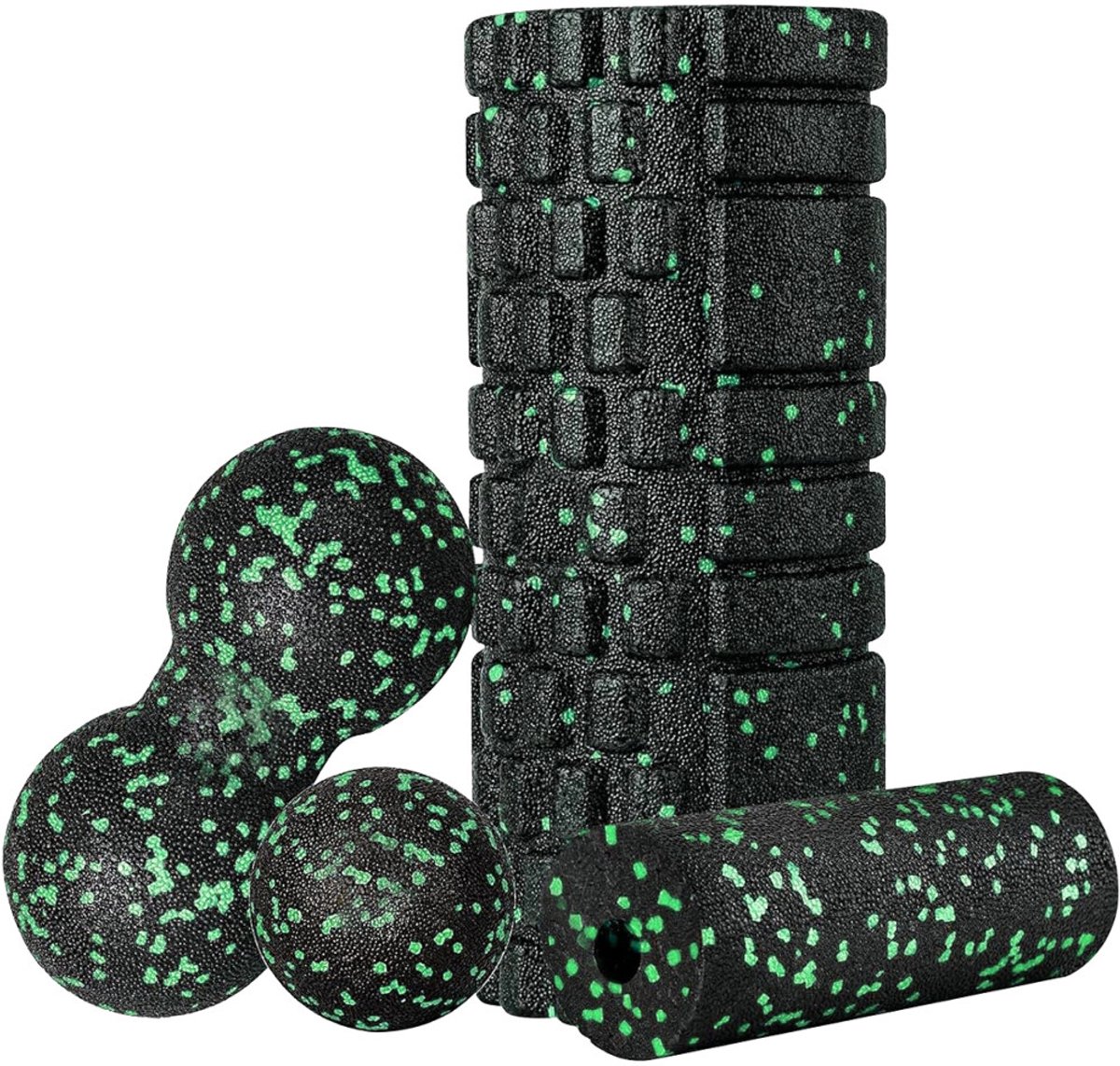 Fasciaset – Fasciaroller – Fasciabal – Foamroller – Spierontspanning – Geschikt voor yoga en fitness – Massageset met roller – 4-delige set – Zwart & Groen