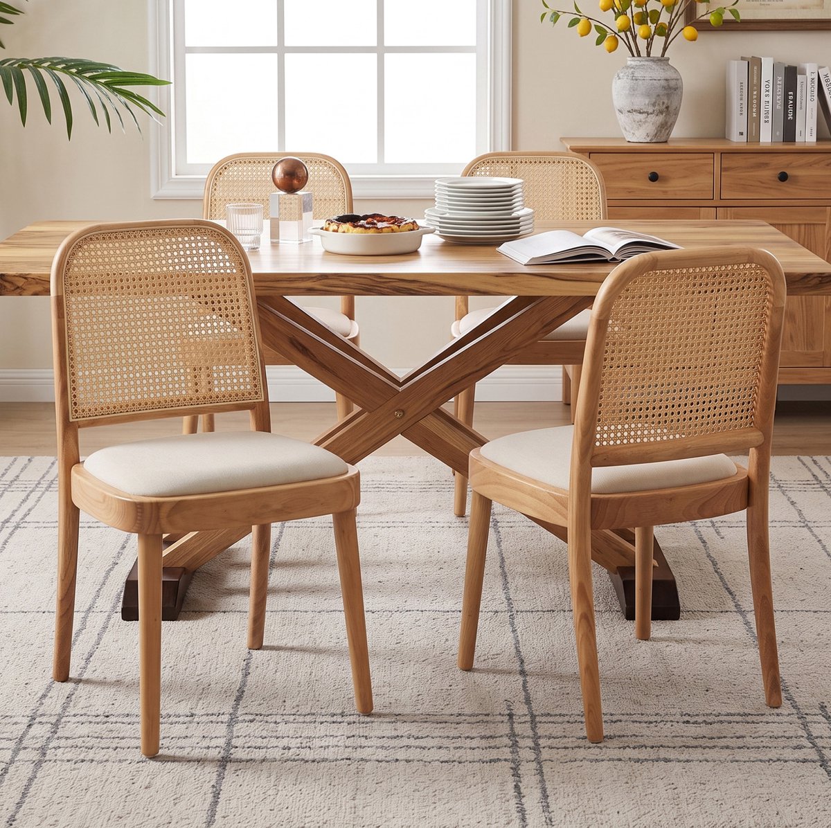 OKWISH Eetkamerstoel Set Van 2 – Met Rotan Rugleuning En Linnen Zitting – Comfortabele Eetkamerstoel In Houtkleur – Voor Eetkamer En Woonkamer – Hout