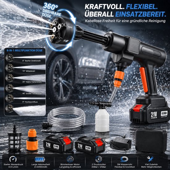 Draadloze Hogedrukreiniger 75 Bar - Accu Hogedrukreiniger 500 W, 260 L/u, 6-in-1 Sproeikop, 180° Draaibaar, 2 Standen, Schuimsproeier & Filter - Voor Auto & Tuin — afbeelding 4