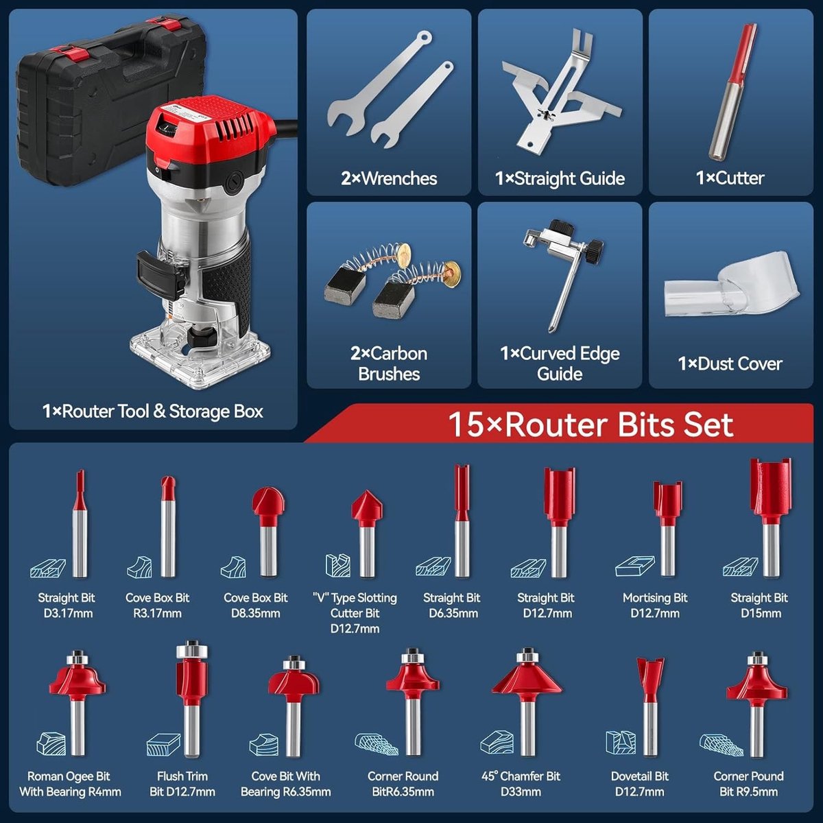 Palm Bovenfrees - Rood - Elektrische Houtfrees met Transparante Basis en 15 Stks Bovenfrees Set - Voor Houtbewerkers en DIY