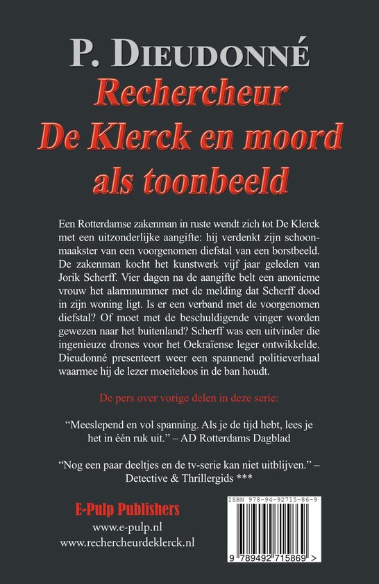 Boekomslag: Rechercheur De Klerck en moord als toonbeeld, met de namen van de auteur en de uitgever in rode en witte letters.