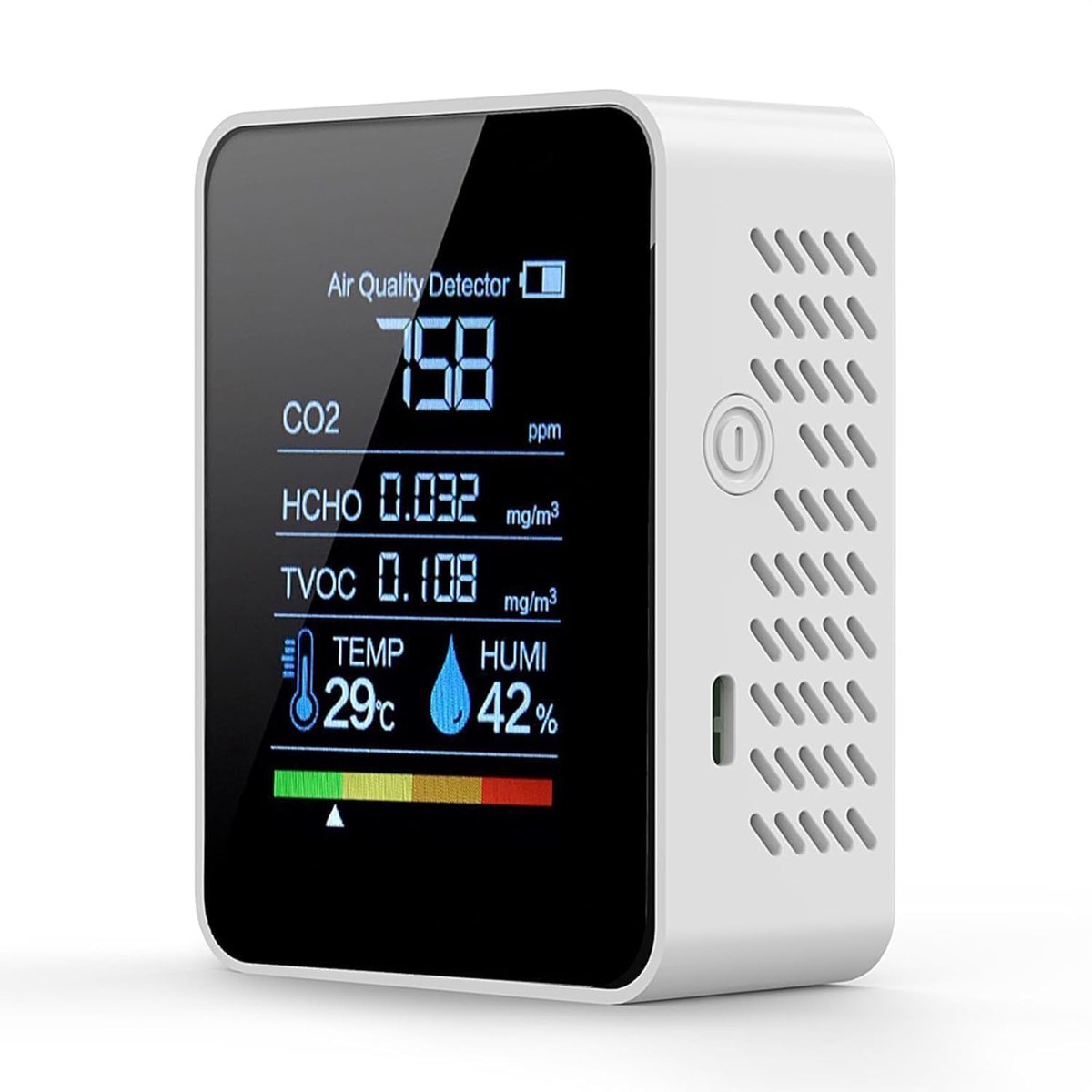 5-in-1 luchtkwaliteitsmonitor voor binnen - Koolstofdioxidedetector - Draagbare detector - Meet koolstofdioxide, formaldehyde, totale vluchtige organische stoffen, luchtvochtigheid en temperatuur - Met LED-display - Wit