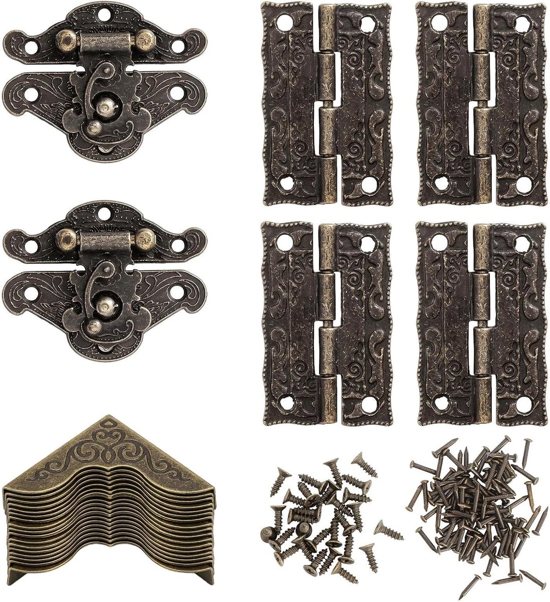 Kleine scharnieren voor houten kisten - antiek gegraveerd - sluitset met hoekbescherming - perfect voor sieradendozen - ShopVlot